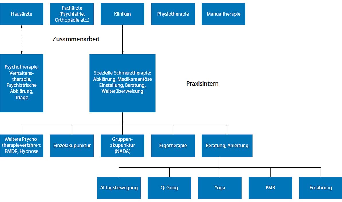 Schema Behandlungspfad. EMDR Eye Movement Desensitization and Reprocessing, NADA National Acupunture Detoxification Association, PMR progressive Muskelrelaxation